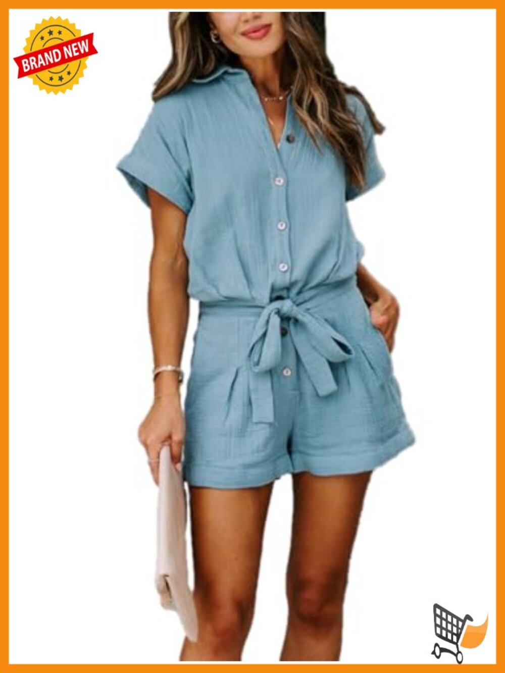 Women's Cotton Button Down Sleeve Romper with Belted Waist Pockets Cuffed Hem